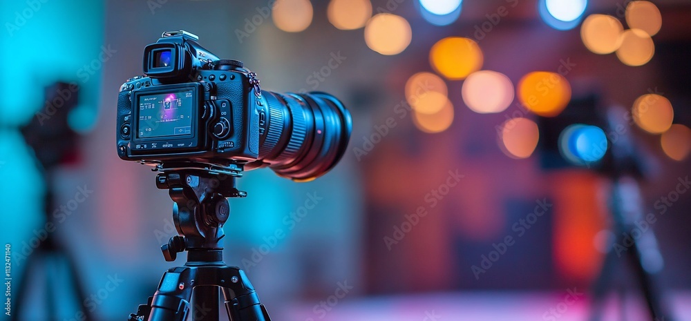 Poster a camera on a tripod captures a colorful, blurred background.