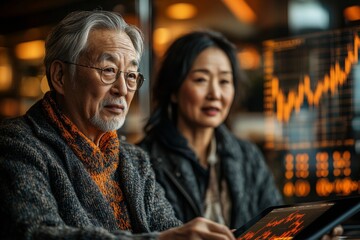 Elderly Japanese Couple Exploring Cryptocurrency Investments at Modern Kitchen Counter