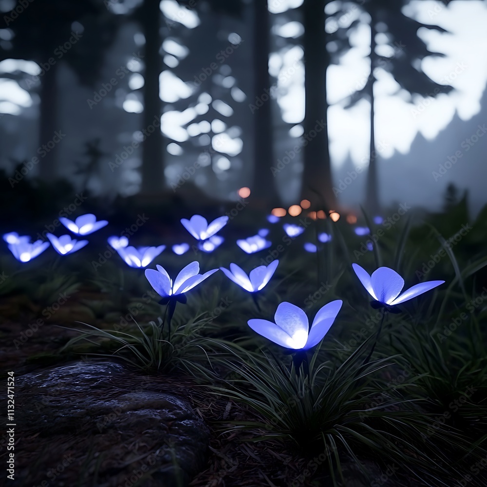 Canvas Prints Glowing blue flowers illuminate a dark forest floor.