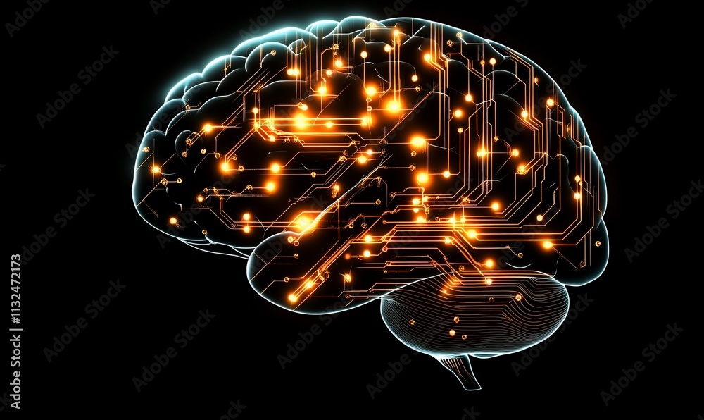 Poster a digital brain with circuitry and glowing connections, symbolizing technology.