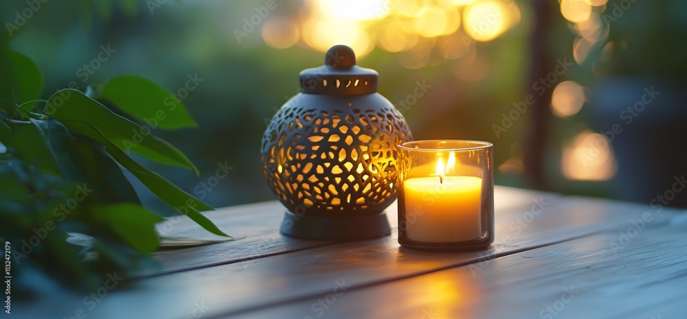 Poster a decorative lantern and candle create a warm, inviting atmosphere.