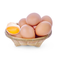 Chicken Egg and broken egg in bamboo basket isolated on white background