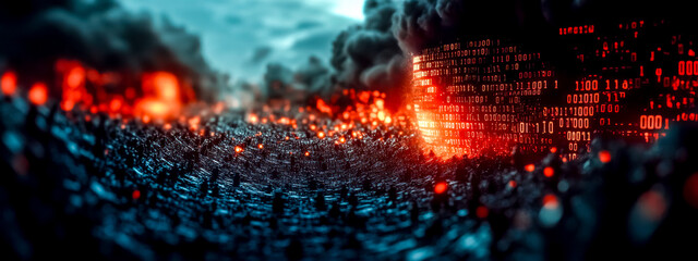 Fototapeta premium Binary code armies colliding in digital warfare on fire
