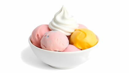 Scoops of strawberry and mango ice cream with whipped cream.
