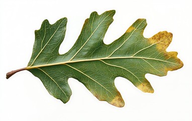 Fototapeta premium Single green oak leaf with yellowing edges isolated on white background.