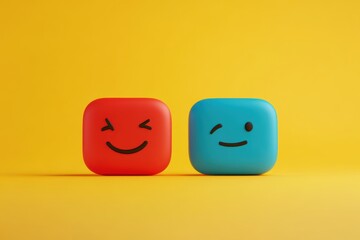 Minimalistic speech bubbles on vibrant yellow background, showing emotional expressions with smiling and neutral faces, representing communication and emotional contrast.