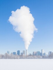 Winter Cityscape Industrial Contrast with Snow-Covered Park and Steam Clouds