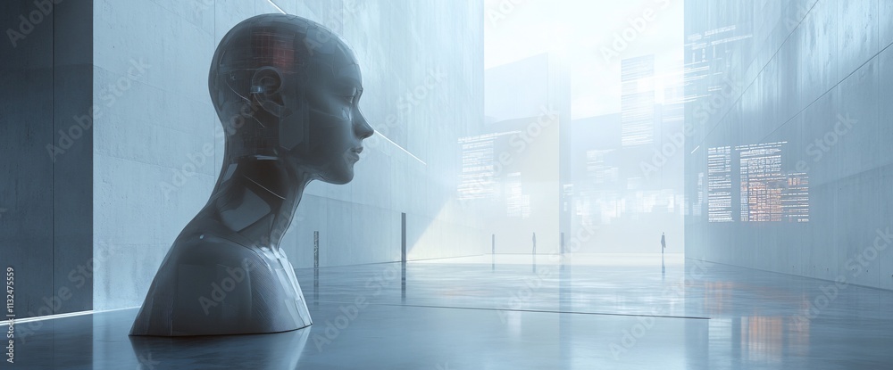 Poster a futuristic scene featuring a robotic head in a sleek, minimalistic environment.