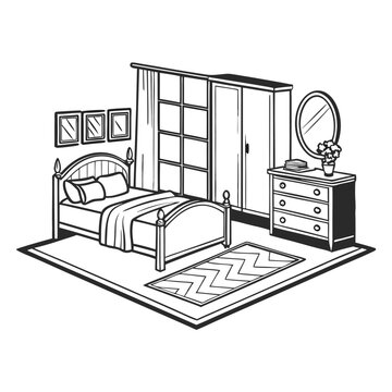 recommend clip art: Hand drawn  bedroom for design element and adult coloring book page. Vector illustration
                    