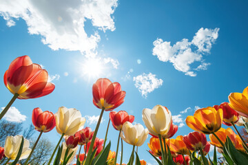 Fototapeta premium Capturing the essence of springtime beauty a stunning view of tulip fields stretching into the horizon under bright blue skies