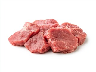 Fototapeta premium Fresh, raw meat slices stacked on a white background, showcasing their vibrant color and texture, ready for cooking or preparation.