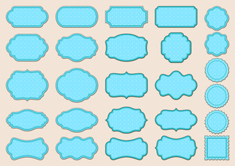 Obraz premium Label frames with ornamental edges and blue polka dot texture. Vintage large collection of different stickers isolated on a pale beige background. Vector big set for greeting card, signage, flyer, tag