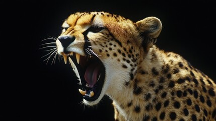 Obraz premium A Majestic Cheetah's Roar: A Close-Up Portrait Against a Black Background