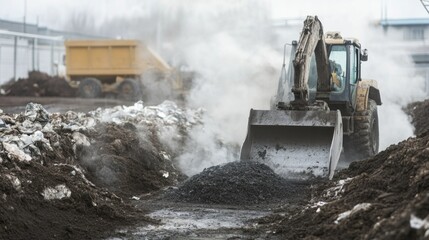 Excavator Moving Compost at a Waste Management Facility
