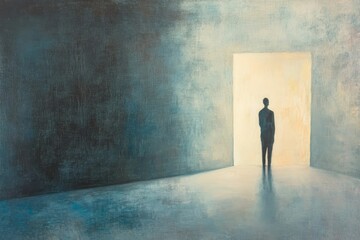 Obraz premium Solitary figure facing bright doorway, textured walls.