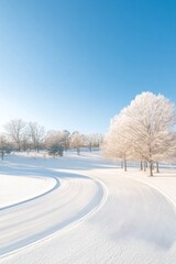 Obraz premium Winter Wonderland at University Track and Field Facility with Snowy Trees