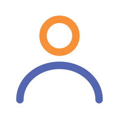 The image shows a minimalist pixel art representation of a person using orange and blue colors.