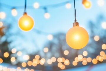 Festive Urban Plaza Glowing Holiday Lights and Market Stalls in Winter Wonderland