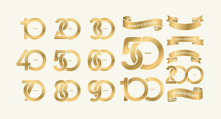 Set of gold anniversary pictogram icon. Logo year numbers 10, 20, 30, 40, 50, 60, 70, 80, 90, years birthday logo label, golden stamp. Festive ribbons, decoration Vector logo numbers illustration.