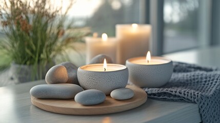 A serene arrangement of candles and stones for relaxation and ambiance.