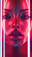 Neon Light Illuminates A Womans Face Close Up