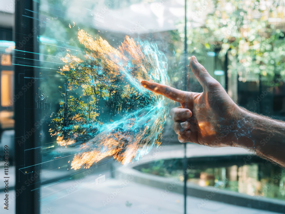 Poster hand interacting with augmented reality graphics in a physical environment close-up view blending di