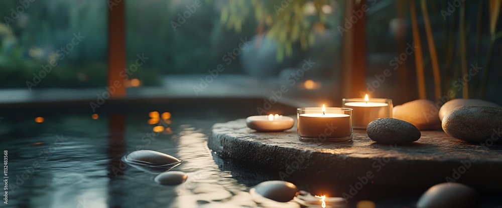 Poster a serene spa scene with candles and smooth stones by a tranquil pool.