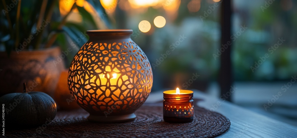 Poster a serene setting with decorative candles casting a warm glow.