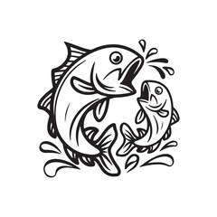 Obraz premium Set of salmon silhouette in line art style.Fish vector by hand drawing Fish Silhouettes Fish group swim curve. Underwater school icon 