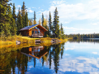 Obraz premium Relaxing retreat charming lakeside cabin nature landscape tranquil environment idyllic viewpoint rustic concept