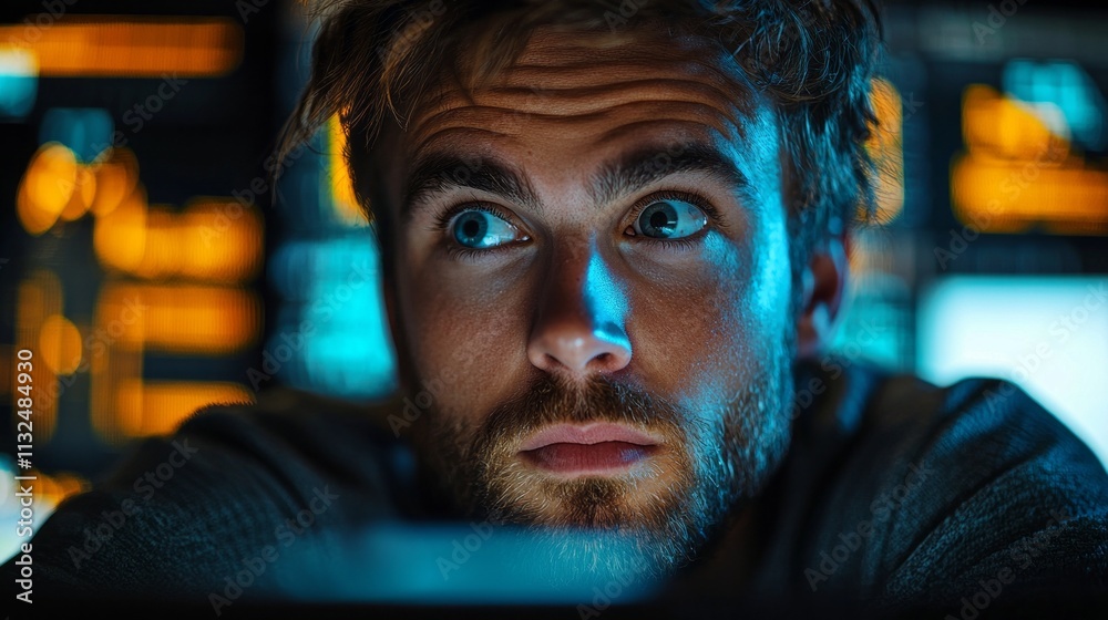 Aufkleber a man with a beard and blue eyes is looking at a computer screen