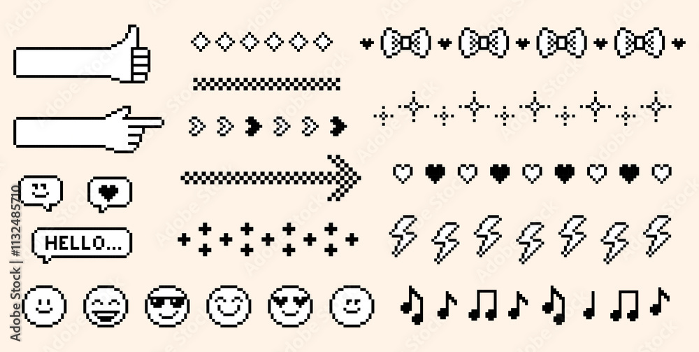 Fototapete simple geometric icon set line pattern with hand, bow, star, arrow, smile, music note and heart. y2k