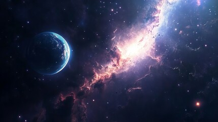 Fototapeta premium Vibrant outer space background with stunning nebulae, twinkling stars, and galactic clouds in deep cosmic colors