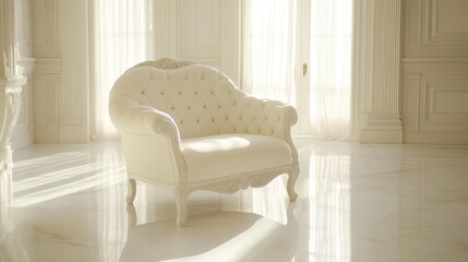 Elegant white armchair in a sunlit room. Luxurious interior in white color with vintage furniture.