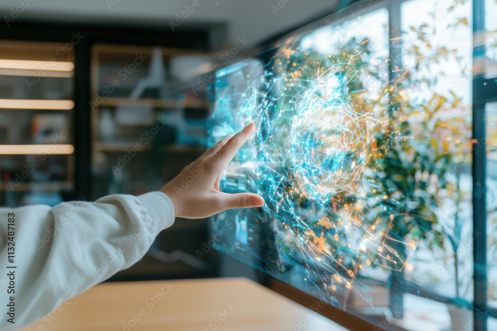 Wall mural student reaching for educational holograms in a classroom setting interactive learning environment f
