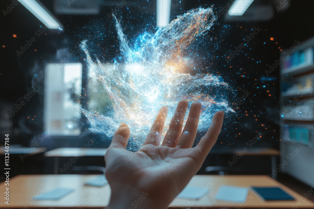 Poster engaging student interaction with educational holograms in a classroom setting emphasizing the futur