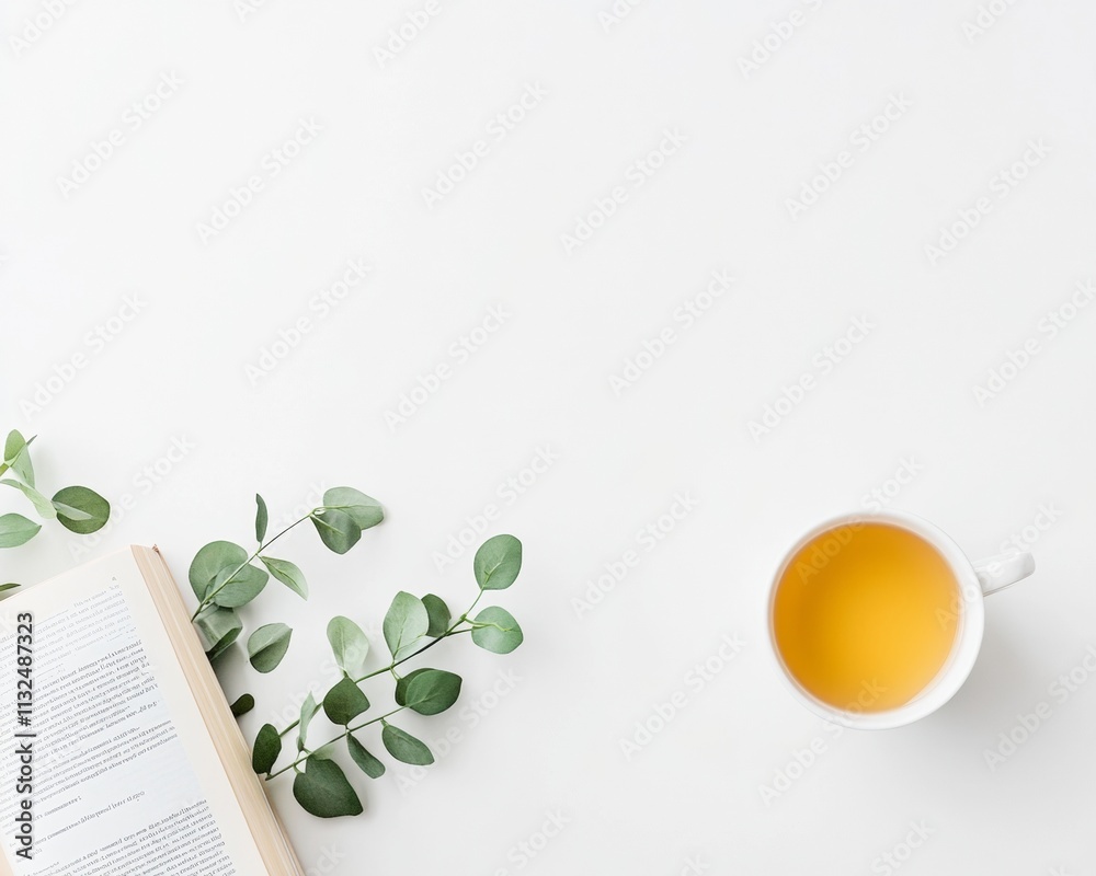 Aufkleber minimalist workspace with open book and tea modern reading and relaxation