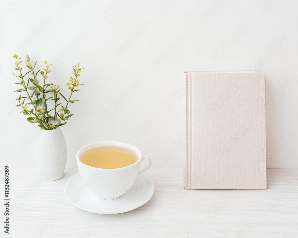 Poster minimalist workspace with tea and book on white desk – modern reading and relaxation