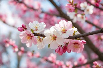 Obraz premium Delicate Pink and White Almond Blossoms in Full Bloom on a Branch Against a Soft Blue Sky. Springtime Nature Photography Concept.