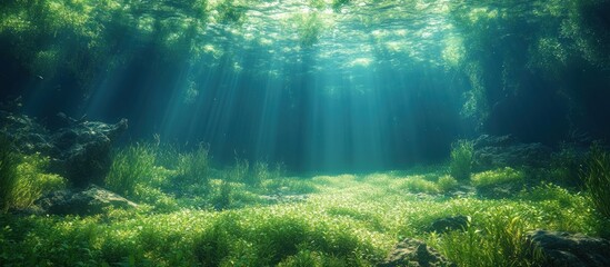 Obraz premium Sunbeams illuminate underwater green aquatic plants and rocks.