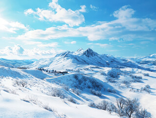 Fototapeta premium Serene winter escape snowy mountain landscape nature scene calm environment bright sky cozy feelings