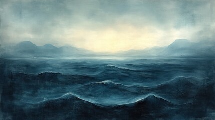 Obraz premium Serene seascape painting with misty mountains and a soft, pale light breaking through the clouds.