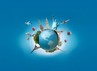Naklejka premium A miniature globe surrounded by iconic landmarks, airplanes, and hot air balloons against a vibrant blue sky, symbolizing global travel and adventure.