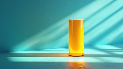Yellow glass cylinder on teal background with sunlight.