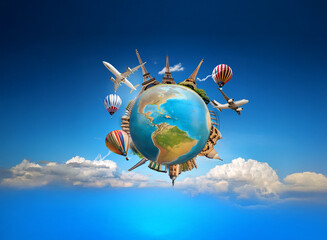 Naklejka premium A vibrant globe encircled by airplanes and hot air balloons, symbolizing global travel and adventure against a clear blue sky.
