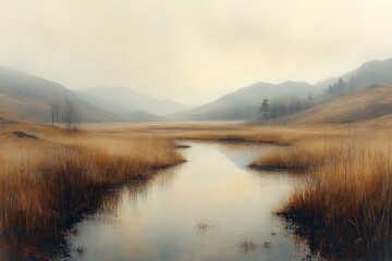 Serene autumn landscape with a calm river flowing through a misty valley, surrounded by golden grasslands and distant mountains.