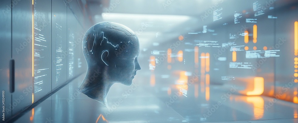 Aufkleber Futuristic digital head in a tech environment with data streams.