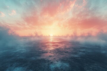 Fototapeta premium Serene sunset over misty, calm ocean; vibrant pastel colors.