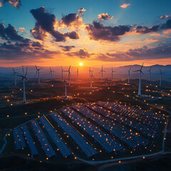 Fototapeta premium Wind Turbines at Sunset Over Solar Panels