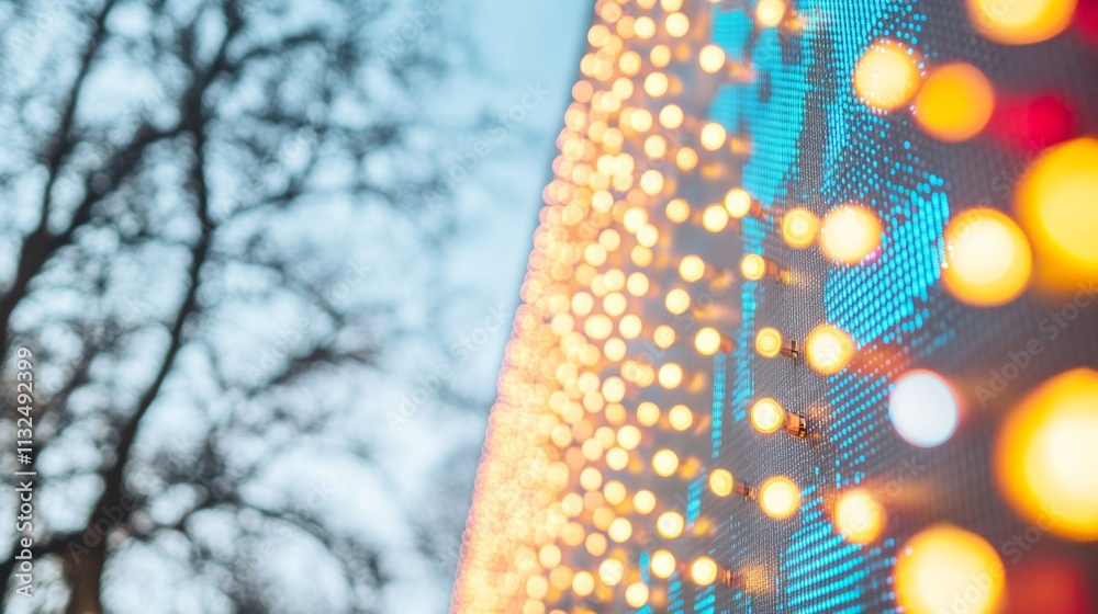 Poster digital stock ticker display amidst holiday lights in a serene park setting